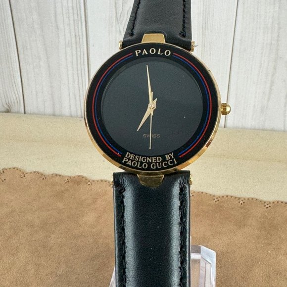 Vintage Paolo Gucci 18K Gold Plated Swiss Watch New Italian Black Strap main image 11
